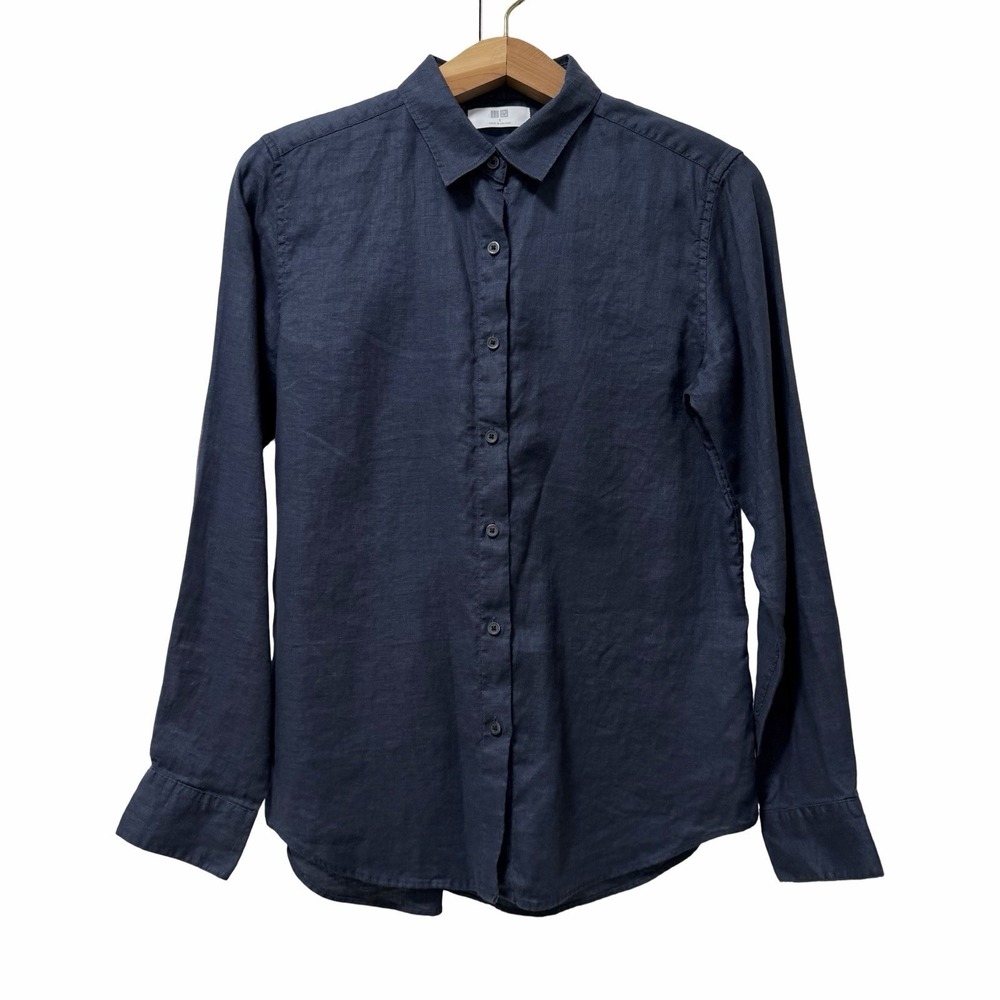 Uniqlo Womens Premium Linen Button Up Long Sleeve Shirt Size S Navy Coastal